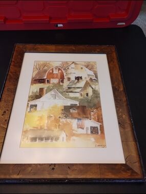 Framed Country Farmhouse Watercolor Print in Brown and Cream